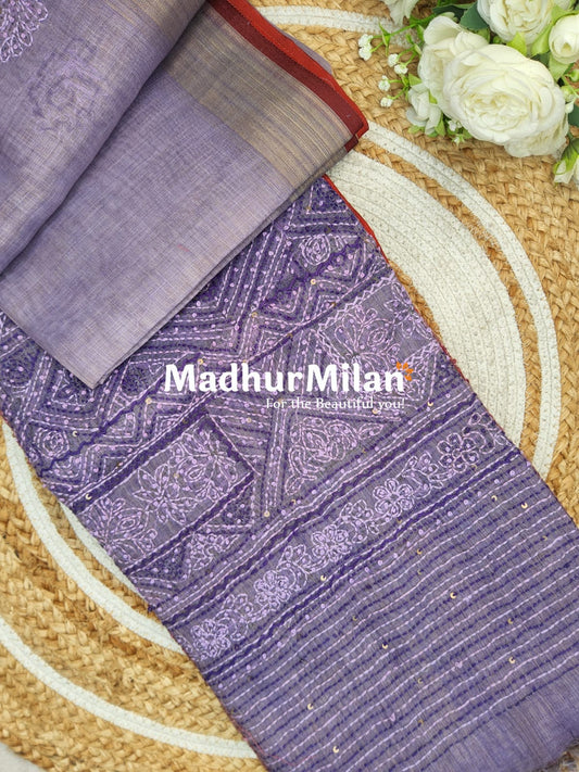 LENIN TISSUE EMBROIDERY WORK SAREE LAVENDER