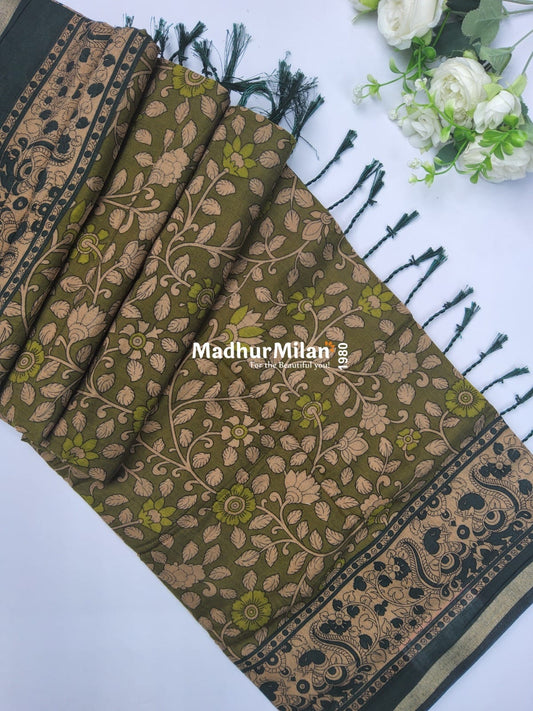 KALAMKARI PRINT KAJU SILK SAREE DUSTY GREEN