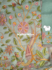 FLORAL EMBROIDERY WORK TISSUE ORGANZA SAREE DUSTY RAMA