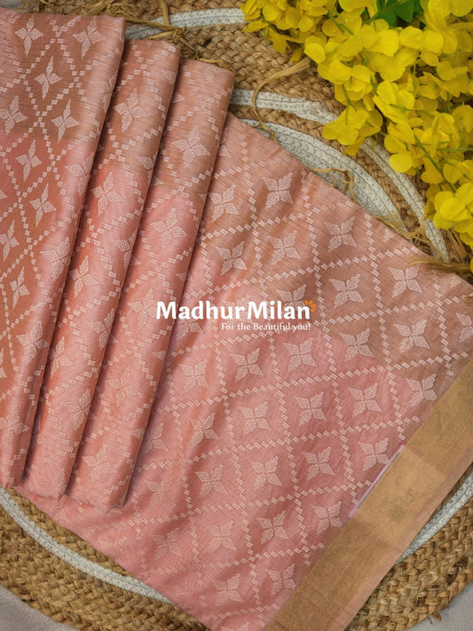 EMBROIDERY KORA SILK COTTON SAREE ONION PINK