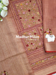 LENIN TISSUE EMBROIDERY WORK SAREE DUSTY RUST