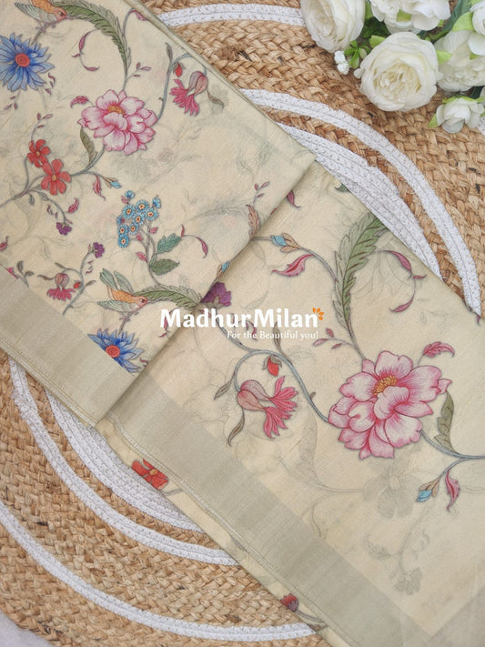 FLORAL DIGITAL SEMI TUSSER SILK SAREE DUSTY YELLOW