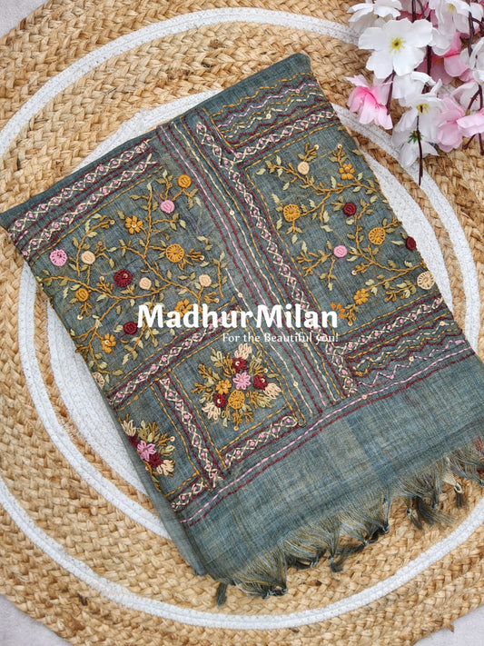 LENIN TISSUE EMBROIDERY WORK SAREE DUSTY GREEN