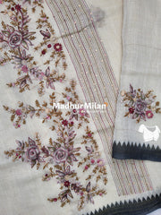 LENIN EMBROIDERY WORK SAREE CREAM GREY