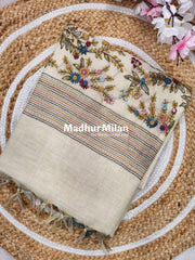 LENIN EMBROIDERY WORK SAREE CREAM DARK RAMA