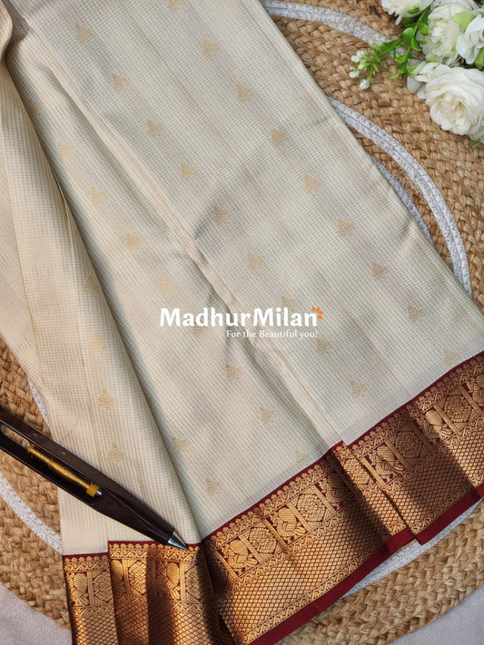 KANCHI CHECKS BUTTA BORDER SAREE CREAM RED