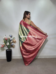 INDRA TISSUE SILK SAREE GOLDEN GREEN PINK