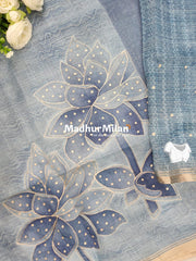 CHANDERI PRINTED ARI WORK SAREE DUSTY GREY