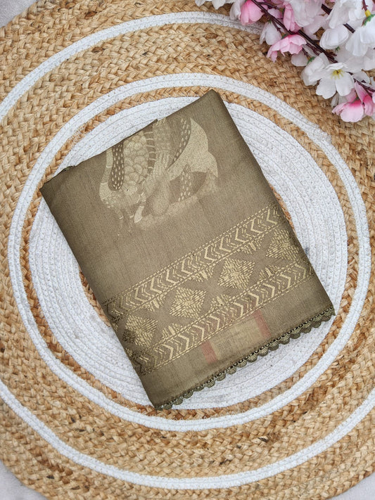 PEACOCK SILK SEMI TUSSER SAREE OLIVE GREEN