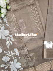 FLORAL PRINT ASSAM SILK SAREE BROWN