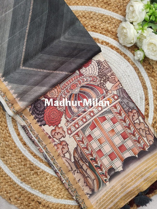 SEMI TUSSAR KALAMKARI PALLU SAREE DUSTY GREEN