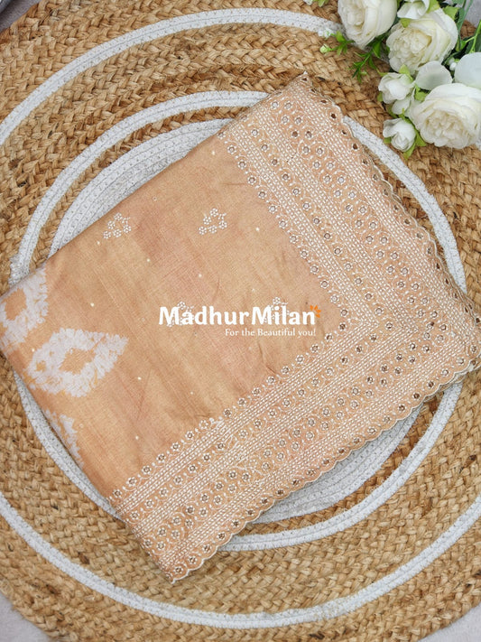 SHIBORI PRINTED BORDER EMBRIODERY SEMI TUSSER SAREE YELLOW