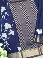 FLORAL PRINT ASSAM SILK SAREE NAVY BLUE