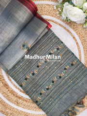 LENIN TISSUE EMBROIDERY WORK SAREE DUSTY DEEP GREEN