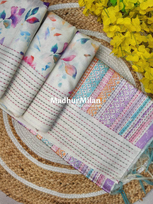 FLORAL KATHA LINE BORDER SEMI TUSSER SILK SAREE CREAM