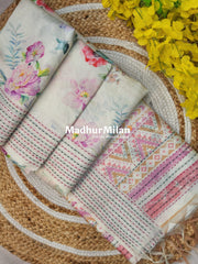 FLORAL KATHA LINE BORDER SEMI TUSSER SILK SAREE CREAM