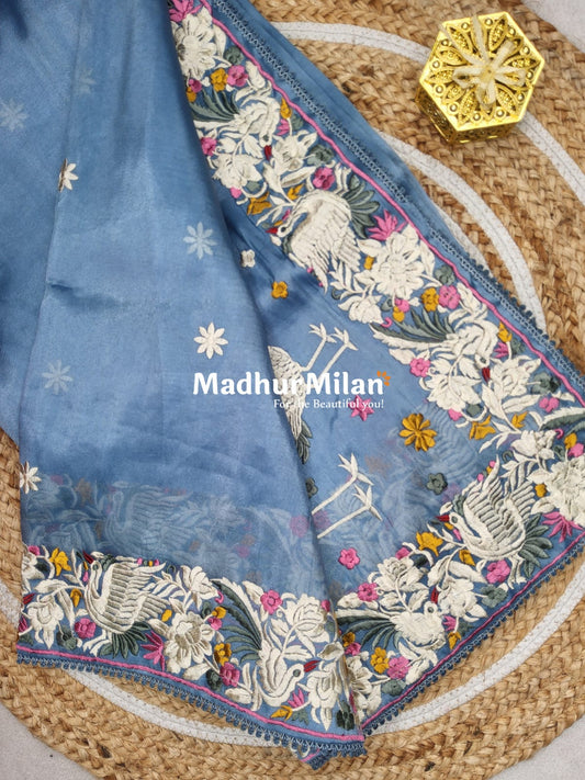 EMBROIDERY BORDER TISSUE ORGANZA SAREE GREY