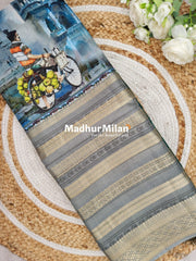CHITRA PRINTS CREPE SAREE BLUE GREY