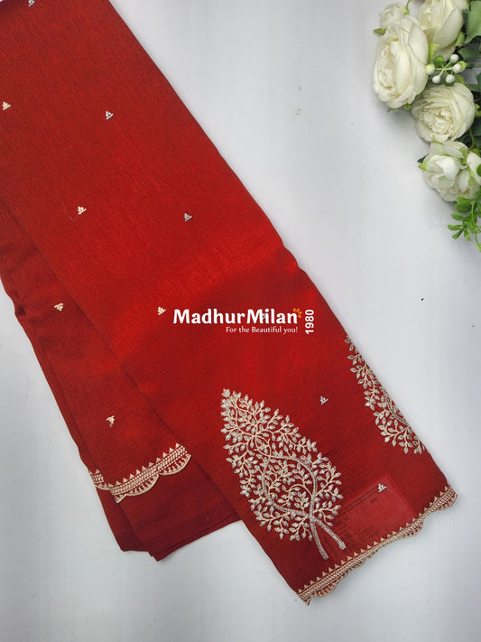 KUSHI SILK EMBROIDERY WORK SAREE RED