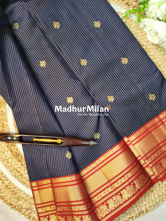 KANCHI STRIPES BUTTA BORDER SAREE NAVY BLUE RED