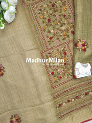LENIN TISSUE EMBROIDERY WORK SAREE DUSTY MEHNDI