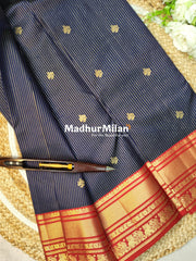 KANCHI STRIPES BUTTA BORDER SAREE NAVY BLUE RED