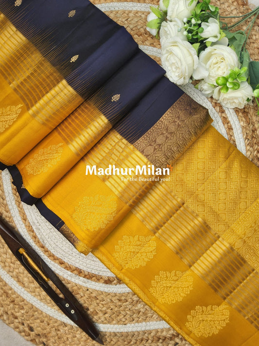 BUTTA STRIPES BORDER SOFT SILK SAREE NAVY BLUE YELLOW