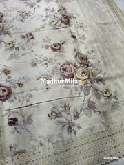SEMI TUSSER FLORAL PRINTED BORDER EMBRIODERY SAREE - DUSTY BROWN