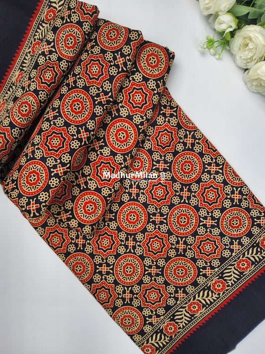 AJRAKH PRINT GAJI MODAL SAREE BLACK