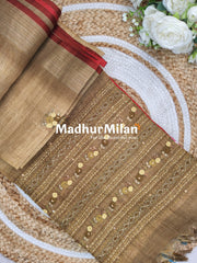 LENIN TISSUE EMBROIDERY WORK SAREE DUSTY GOLD