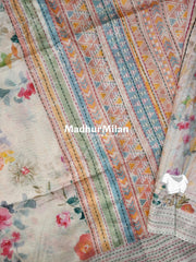 FLORAL KATHA LINE BORDER SEMI TUSSER SILK SAREE CREAM