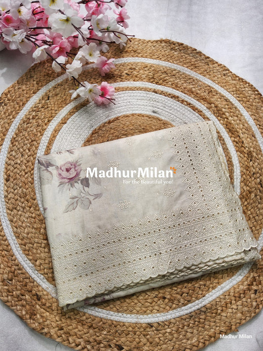 SEMI TUSSER FLORAL PRINTED BORDER EMBRIODERY SAREE - DUSTY PINK