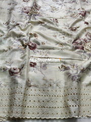 SEMI TUSSER FLORAL PRINTED BORDER EMBRIODERY SAREE - DUSTY BROWN