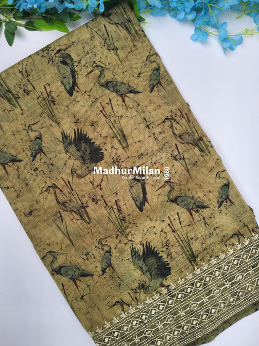 CHANDERI FLAMINGO EMBROIDERY WORK SAREE OLIVE