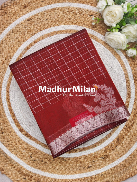 KOVAI MULTY CHECKS BUTTA BORDER SILK COTTON SAREE BRICK RED
