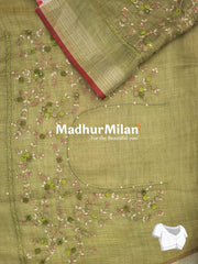 LENIN TISSUE EMBROIDERY WORK SAREE DUSTY GREEN