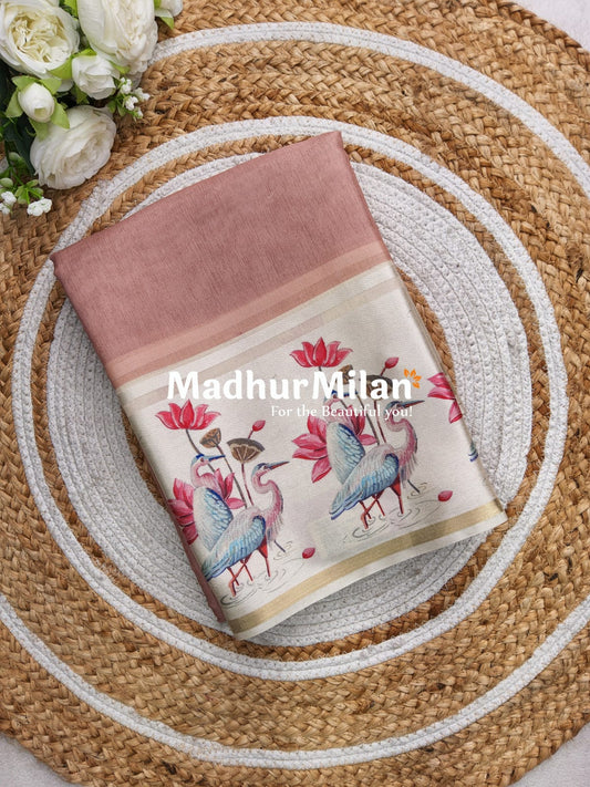 TORA SILK SATIN PRINTED BORDER SAREE DUSTY RUST