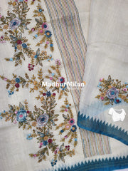 LENIN EMBROIDERY WORK SAREE CREAM DARK RAMA