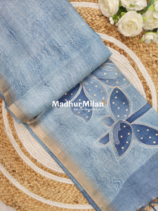 CHANDERI PRINTED ARI WORK SAREE DUSTY GREY