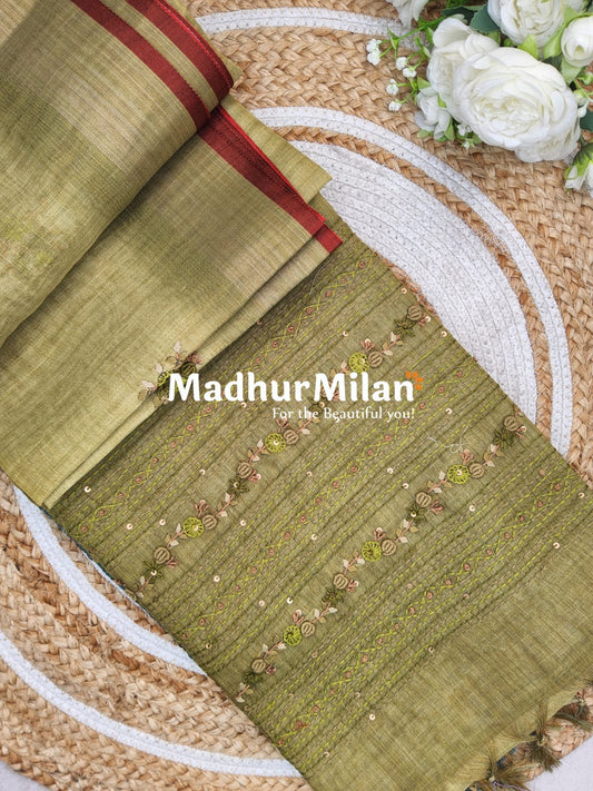 LENIN TISSUE EMBROIDERY WORK SAREE DUSTY GREEN