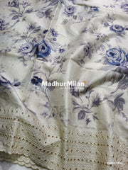 SEMI TUSSER FLORAL PRINTED BORDER EMBRIODERY SAREE - DUSTY BLUE