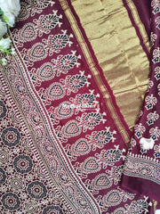 CHECKS AJRAKH PRINT GAJI MODAL SAREE BROWN