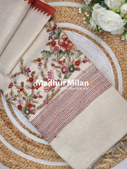 LENIN TISSUE EMBROIDERY WORK SAREE CREAM RUST