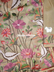 FLAMINGO EMBROIDERY WORK TISSUE ORGANZA SAREE DUSTY GOLD