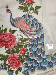PEACOCK EMBROIDEY WORK TISSUE ORGANZA SAREE CREAM
