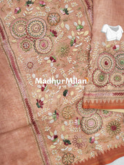 LENIN TISSUE EMBROIDERY WORK SAREE DUSTY RUST