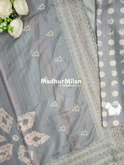 SHIBORI PRINTED BORDER EMBRIODERY SEMI TUSSER SAREE GREY