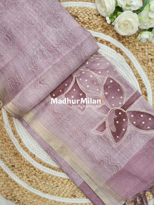 CHANDERI PRINTED ARI WORK SAREE DUSTY ROSE