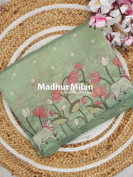 LENIN TISSUE WORK SAREE DUSTY PISTA