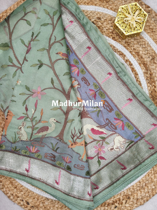 JAAL EMBROIDERY TISSUE ORGANZA SAREE PISTA GREEN